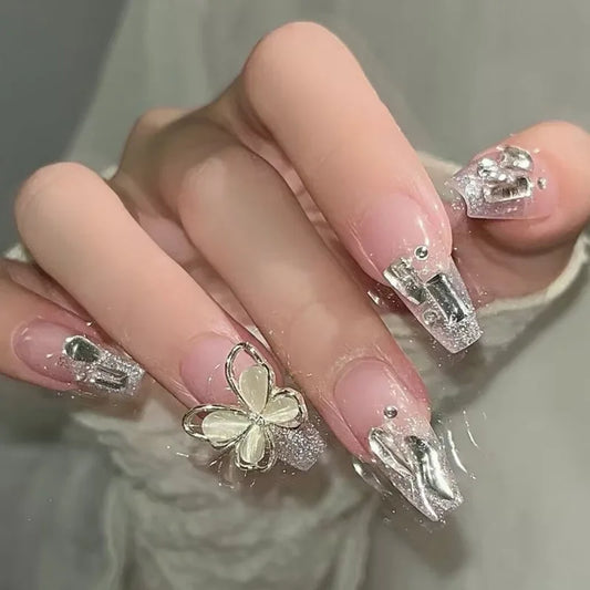 24Pcs Black Bow Detachable Fingernails Ballerina Wearable Fake Nails Press on Square Head False Nails Full Cover Nail Tips