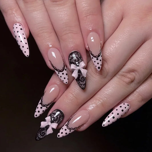 24Pcs Almond Black Edge French Manicure Tips with Flower Koi Polka Dot Press on False Nails Detachable Full Cover Fake Nails Art