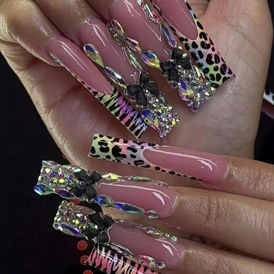 24Pcs Long Square Head Nails Set Press on Lollipop Rhinestone Design Fake Nails Blue French Wearable Full Cover False Nails Tips