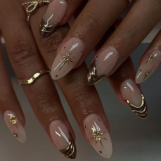 24Pcs French Golden Edge Nails Set Press on Pearl Starburst Detachable Full Cover Fake Nails Tips Mid-length Almond False Nails