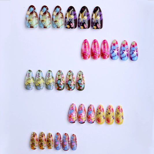 30pcs Dopamine Almond False Nails Colorful Printed Flower Spiral Stripes Designs Press On Nails Spring Summer Charm Fake Nail