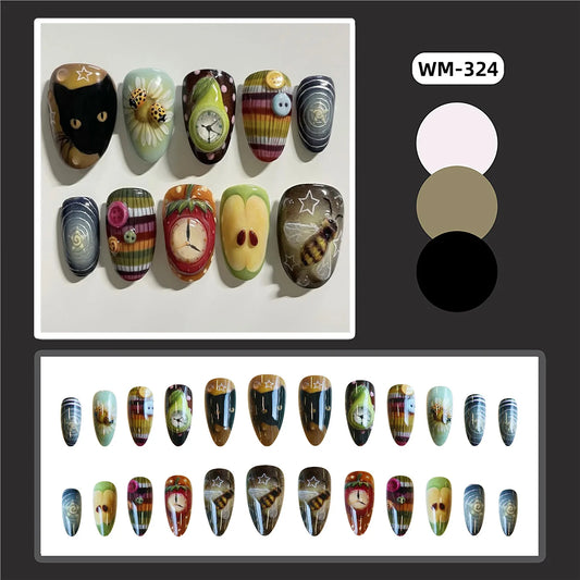 24pcs Bohemian Style False Nails Cute Black Cat Insect Designs Aesthetic Press On Nails Short Almond Detachable Fake Nail Tips