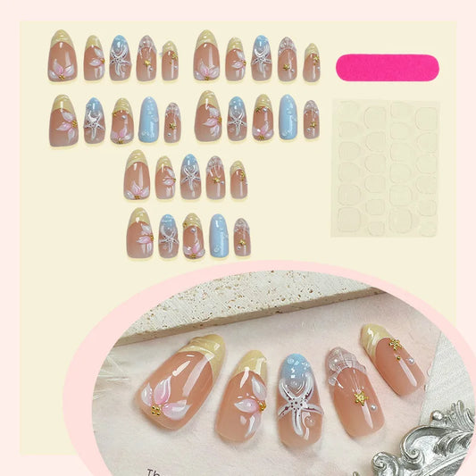 30pcs XS/S/M Press on Nails Summer Ocean Starfish Flower Design Fake Nails Ins French Almond False Nails for Women Girl Wearable