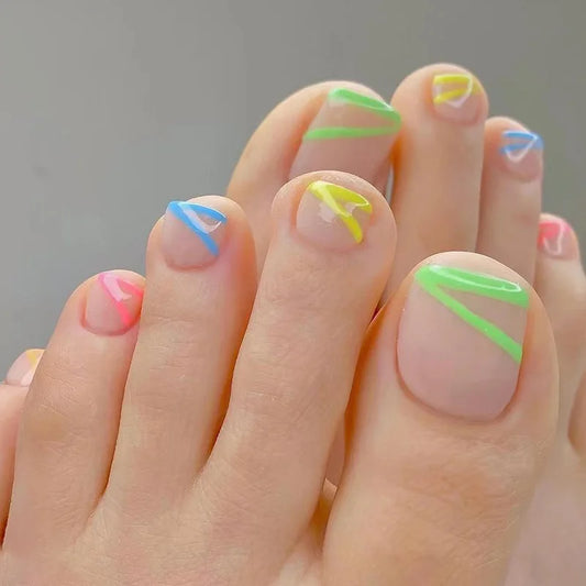 24pcs Rhinestone Fake Toenail Simple Summer Flower Design False Nail Tips White French Press on Nails Wearable Manicure Finished