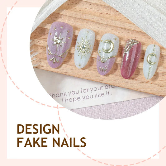 30pcs Glitter Cat Eyes Fake Nails Star Moon Bohemia Style Almond Press on Nails Wearable Reusable Fashion Lady False Nail Tips