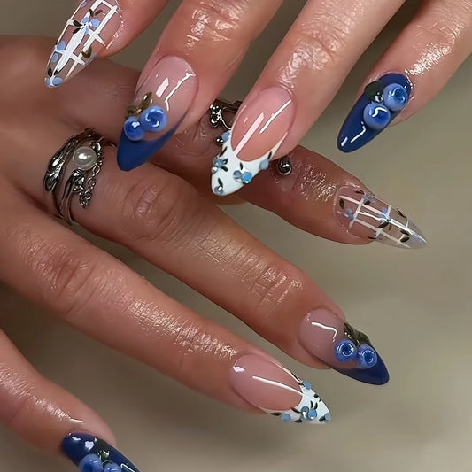 24pcs Flower Pearl Design False Nails Blue Blush Gradient Tips Long Almond Press on Nails Ins Wearable French Fake Nail Manicure