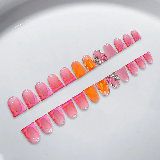 24pcs Pink Orange Fake Nail Tips Y2k Metal Star Water Ripple Designs Short Duckbill False Nails Sweet Cool French Press On Nail