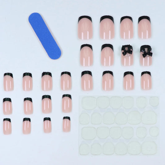 24pcs Press on Nails Short Bowknot Black Press on Nails Sweet French Tip Press on Nails Cute Nail Artificial