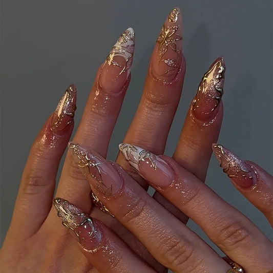 24Pcs 3D Gilded Irregular French Design Press on False Nails Mid-length Almond Fake Nail Reusable Finished Full Cover Nails Tips