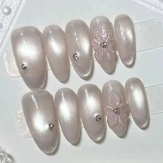10Pcs Pink Sweet French Almond Handmade Fake Nails Tips Art Full Cover Cat Eye Glitter Simple Rhinestone Flowers Design Manicure