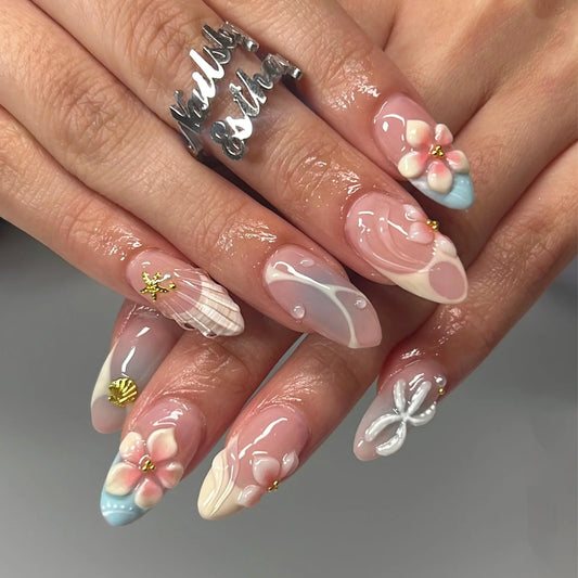 24pcs Glossy Shell Pearl Design False Nails Gradient Colorful Full Cover Almond Wearable Fake Nail Tips Flower Press on Nails