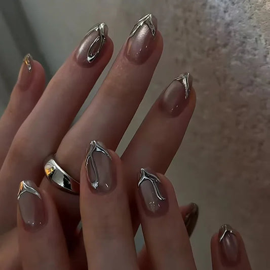 24pcs Flower False Nails Press on Mid-length Almond Nails Art Seashell Pearl Design Fake Nail Finished Datachable Pink Manicure