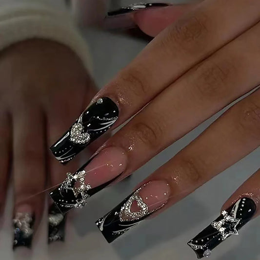 24Pcs Y2K Black French Leopard Print Press on Fake Nails 3D Flower Detachable Full Cover Nails Tips Long Square Head False Nails