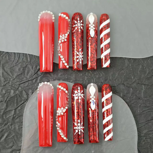 10pcs high-end Light luxury long red series handmade fake nails, Christmas fake manicure