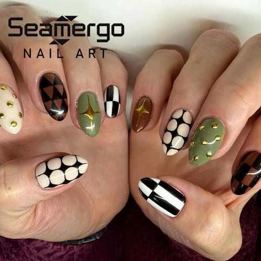 24PCS Almond Shape Fake Nails White Checkered Turtle Pattern False Nails Cute Powder Coated Gold Beads Full Cover Press on Nails