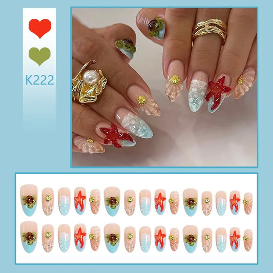 24PCS Summer Blue Ocean Gradient French Press on False Nails with 3D Red Flowers Shell Almond Fake Nails Seastar Beach Nail Tips