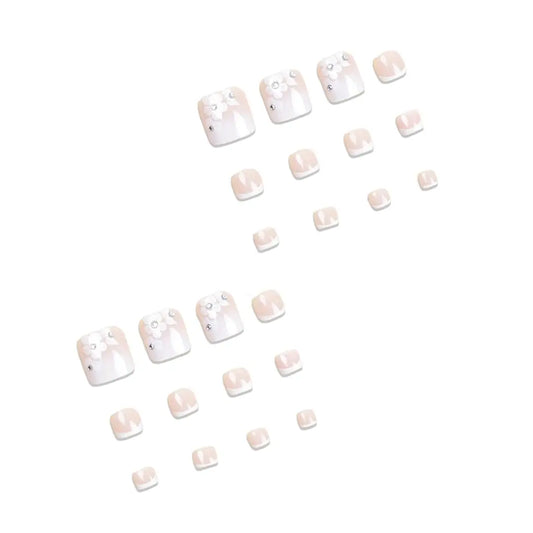 24pcs Square Cherry Blossom Diamond Toenail Fake Nail Detachable and Reusable Jelly Glue 1pc Cuticle Pusher Suitable for Women