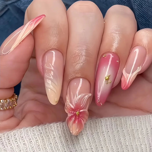 24Pcs Orange Smudge French False Nails Art 3D Flower Rhinestone Press on Fake Nails Long Stiletto Reusable Full Cover Nails Tips