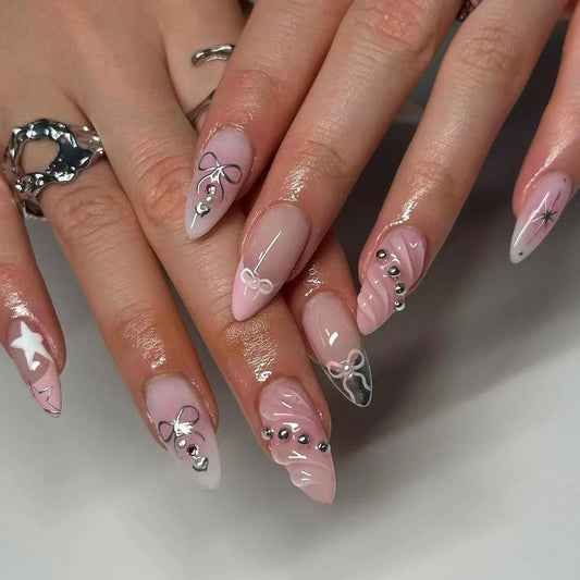 24pcs Rhinestone Star Fake Nails Simple Bow Almond False Nail Art Reusable Pink Long Press on Nails French Full Cover Nail Tips