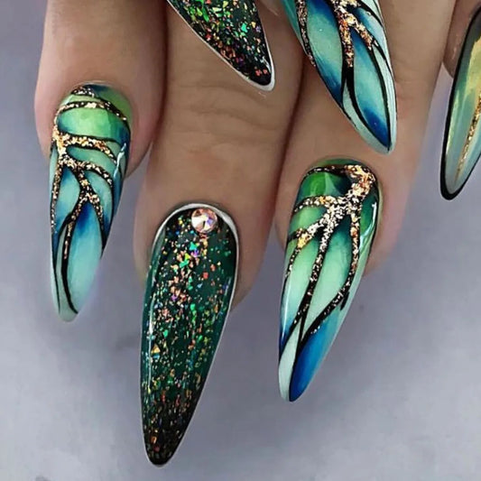 24Pcs Nude Pink Almond Fake Nails with Jelly Glue Spice Girl Glitter Wave Design Nails Medium Wearable French Manicure for Women