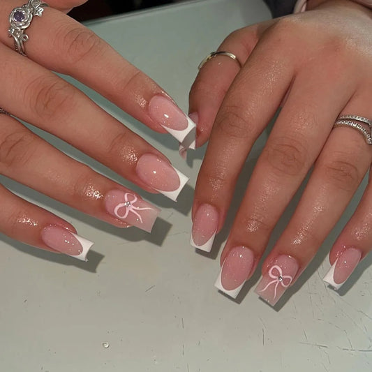 24pcs Bow Rhinestone False Nails Tips Bow Pink Long Square Fake Nail Sets Detachable French Ballet Press on Nails Art Finished