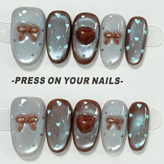 10pcs Medium Oval Handmade Nails Autumn/Winter Blue-Brown Cat Eye Press on Nail for Women&Girl Heart Bow Removable Wearable Nail