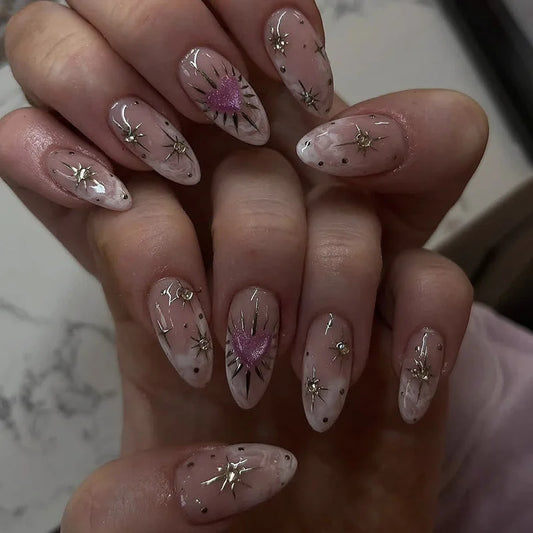 24pcs Reusable Press on Nails Set Star Moon Design Stick on Nail Art Cat's Eye Long Almond False Nail Tips Rhinestone Fake Nails