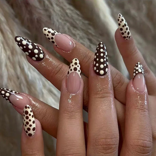 24pcs Wine Red French Tips Fake Nail with Polka Dot Design Nails Sets Press on Almond False Nails Sweet Bow Cherry Stick on Nail
