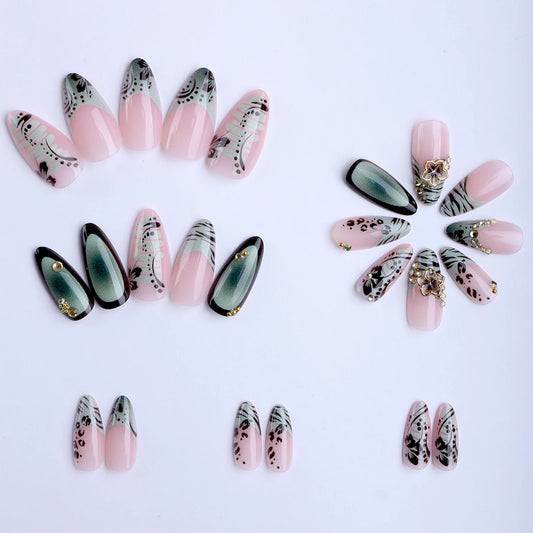 24pcs Ink Wash Flower Press On Nails Green French Style Almond Fake Nails With Black Leopard Print Rhinetone Designs False Nail