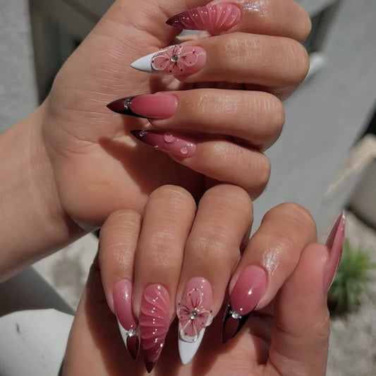 24Pcs Almond Detachable Full Cover False Nails Tips 3D Flower Gradient with Design Press on Nails Artificial Fake Nail for Woman