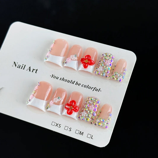 10pcs high-end Simple and elegant style, hand-painted three-dimensional patterns, dazzling full of diamonds handmade fake nails