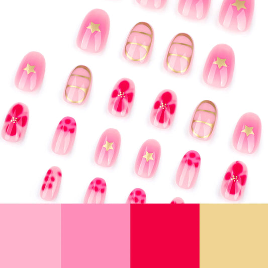 24pcs Sweet Pink Flower Press On Nails Glossy Short Almond Full Cover Stick-on Nails Gold Stripe Blush Artificial False Nails
