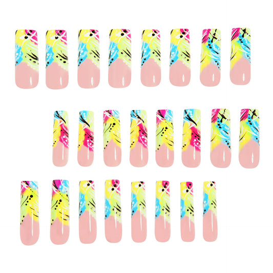 24PCS Y2K Extra Long Square Fake Nail with Abstract Graffiti Pattern Summer Neon Colorful Press on Nails Bold Nail Art for Women