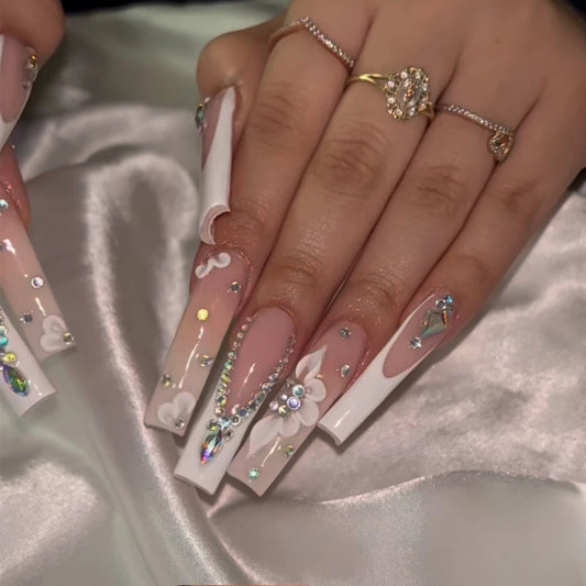 24pcs Pink Leopard Print Press on Nails Square False Nail Diamond Y2k Fake Nails French Polka Dots Nail 3D Flower Press on Nails