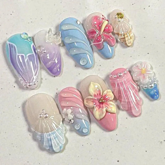24Pcs Mid-length Almond Fake Nails Press on Yellow Gradient French Wearable False Nails 3D Flower Starfish Full Cover Nails Tips