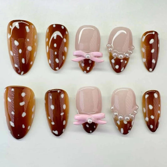 24pcs Red Almond False Nails Art Pearl Cherry Design Stick on Nail Tip Datachable French Leopard Print Short Press on Fake Nails