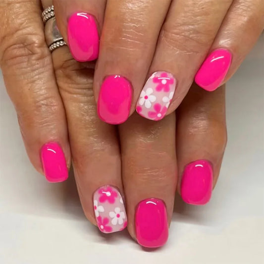 24Pcs Short Square Head Full Cover Nails Tips Spring Rose Red Flower with Design False Nails Art Detachable Press on Fake Nails