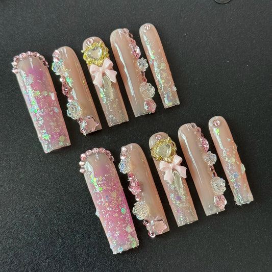 10pcs high-end Sweet and cute style, hand-painted three-dimensional rose, bow, sparkling sequins, heart diamonds handmade fake