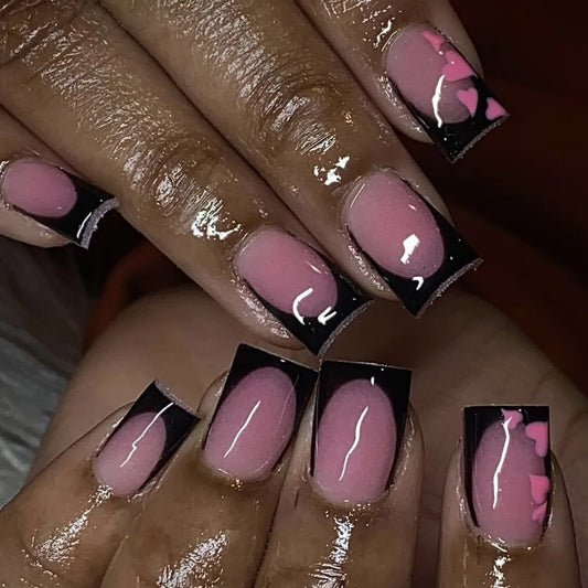 24pcs Finished Fake Nail French Pink Short Square Nails Sets Press on Wearable Rhinestone Flower Design False Nails Bow Manicure