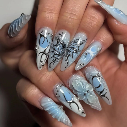 24pcs Finished Almond False Nails Sets Gradient Red Tips Long Stiletto Fake Nail Wearable with Bow Love Design Press on Nails