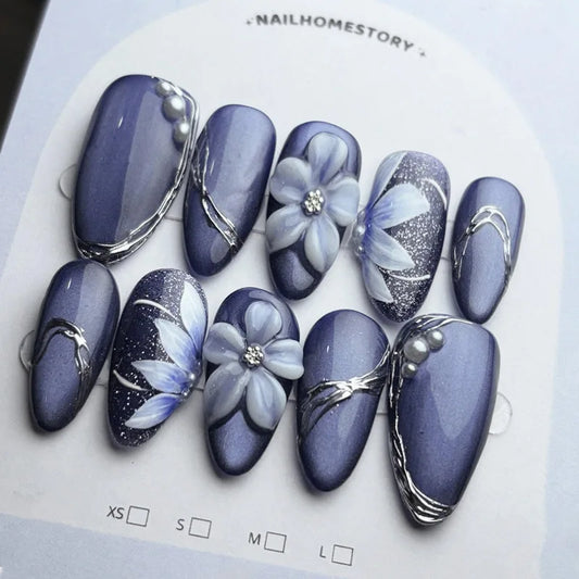 24Pcs Cat's Eye French Fake Nails Powder Blusher Rhinestone Manicure Tips Mid-length Ballerina Detachable Press on False Nails