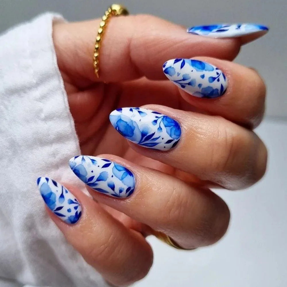 24pcs Flowers Fake Nails Almond Head Press on Nails Patch Fashion Nail Beauty Fake Nail Tips for Girl Women Wearable Full Cover