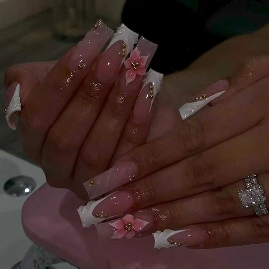 24pcs Long Pink French Press on Nails 3D Flower Fake Nails Simple False Nail Artificial Tips Накладные Ногти Uñas Postizas 네일팁
