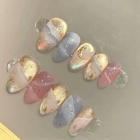 24pcs Purple Full Cover Nail Tips Sweet Cool Cat Simple Diamond Press on Fake Nail Art Bow Starlight Design Stick on False Nail