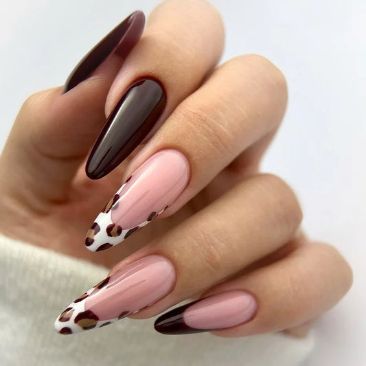24Pcs Mid-length Almond Press on False Nails with Simple Wine Red Love Heart Design Full Cover Nails Tips Detachable Fake Nails