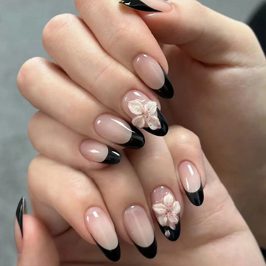 24Pcs White French Almond Press on False Nails Mid-length Round Head Fake Nail 3D Flower Design Wearable Full Cover Nails Tips