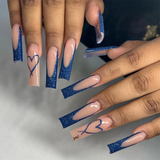 24pcs Fashion Fake Nail Sets Simple Pink Long Square Nails Set Press on French Nails Tips Reusable Diamond Coffin False Nail Art