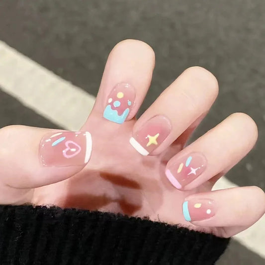 24pcs Summer False Nails Sets Black White Cow Print Pattern Press on Nails Tips Ballet Fake Nail with Polka Dot Design Manicure
