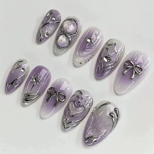 24Pcs Purple Artificial Nail Tips Art Shining Cat Eye Silver Bow Rhinestone Designs Medium Almond Fake Nails for Spice Girls Set