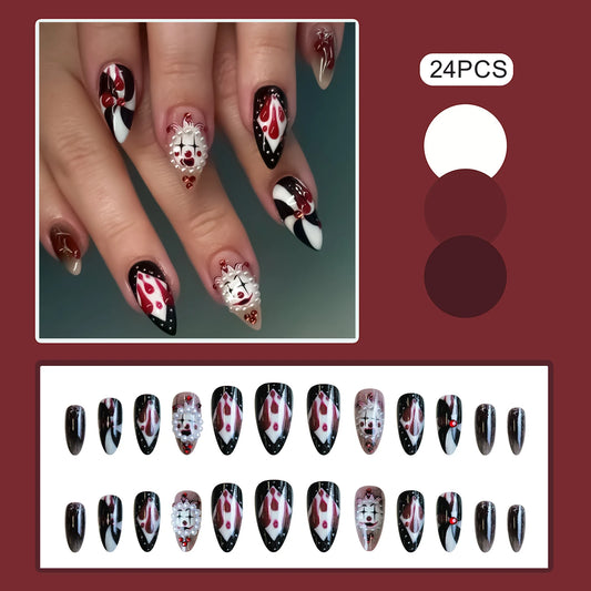 24pcs Circus Clowns Style Press On Nails Ghost Face Blood Drop Spiral Stripe Pattern False Nails Creative Halloween Fake Nail